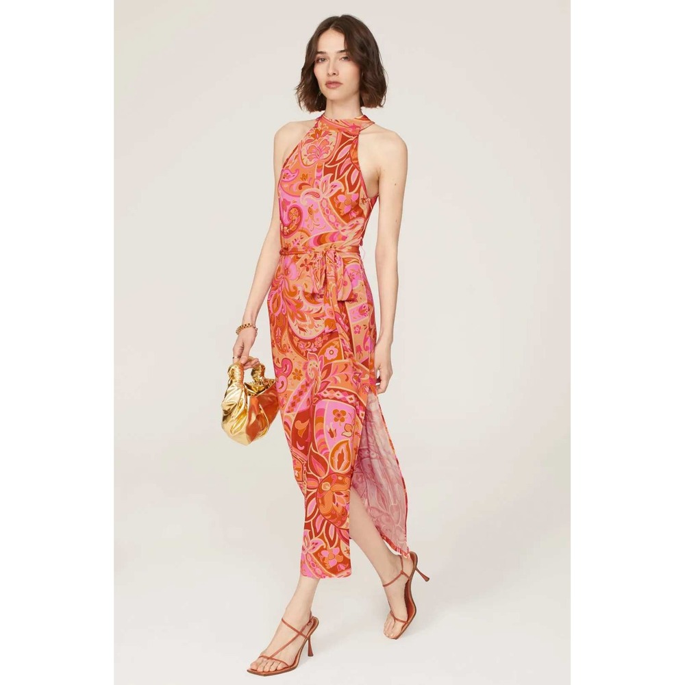 RIXO Celeste Halter Neck Maxi Dress Large Pink Orange Retro Floral Boho Paisley